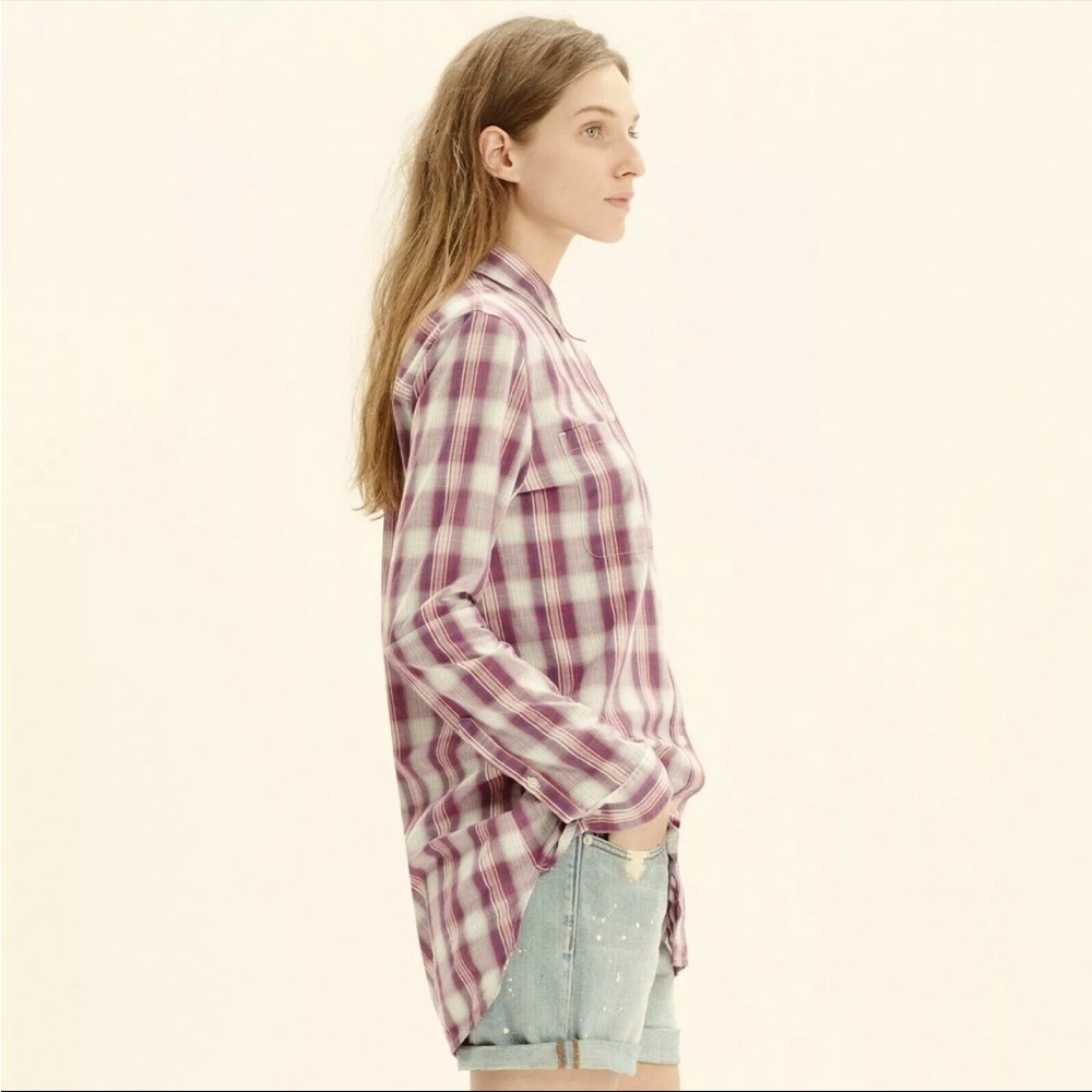 Madewell Ex-Boyfriend Button Up Shirt Manhasset Plaid XS Red Tan‎ 100% Cotton